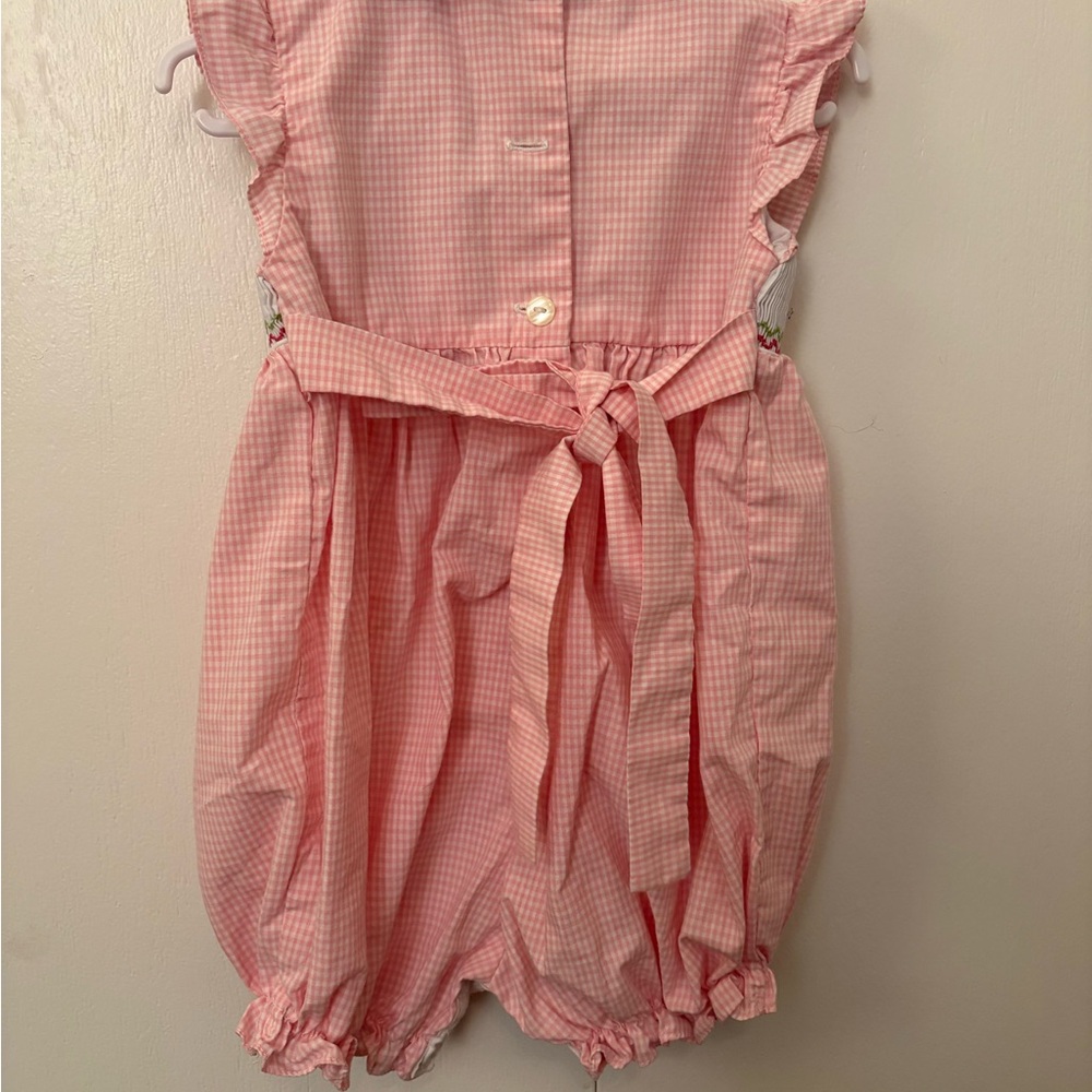 Pink Gingham Baby Romper with Floral Embroidery - Picture 2 of 3